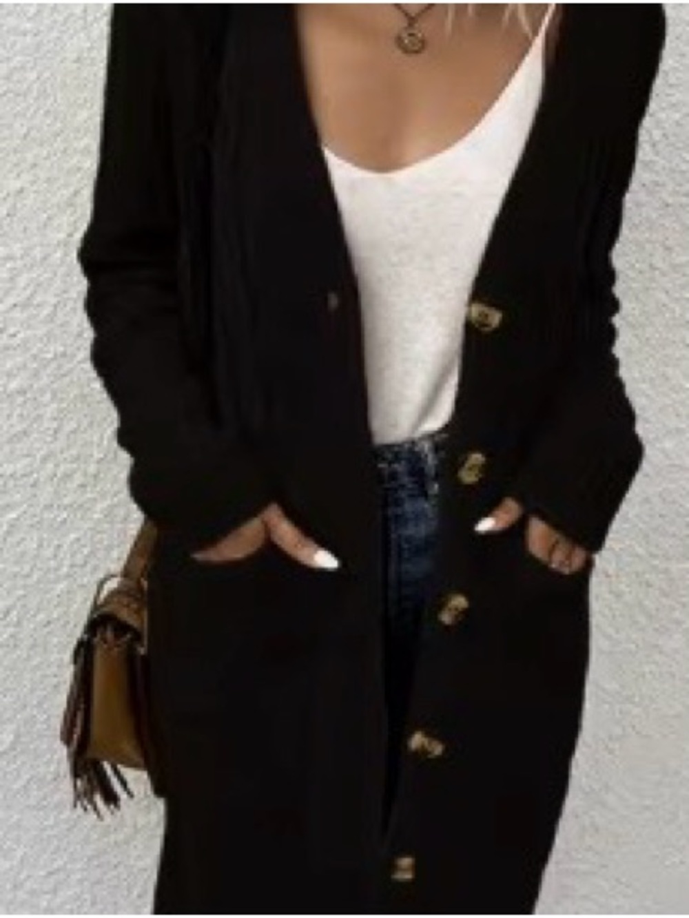 Boutique Cable Knit button down front Long Cardigan Sweater black pockets Size M